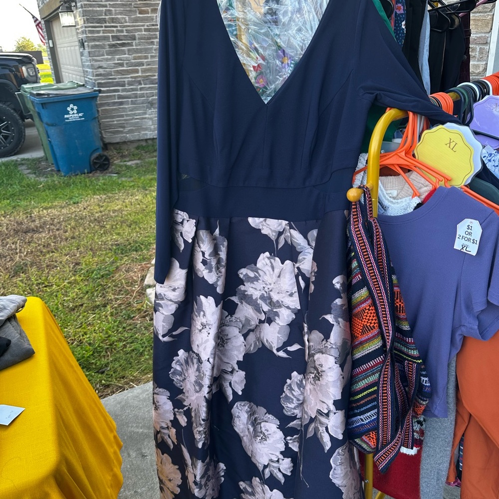 Xscape Navy Dress with Floral Accents